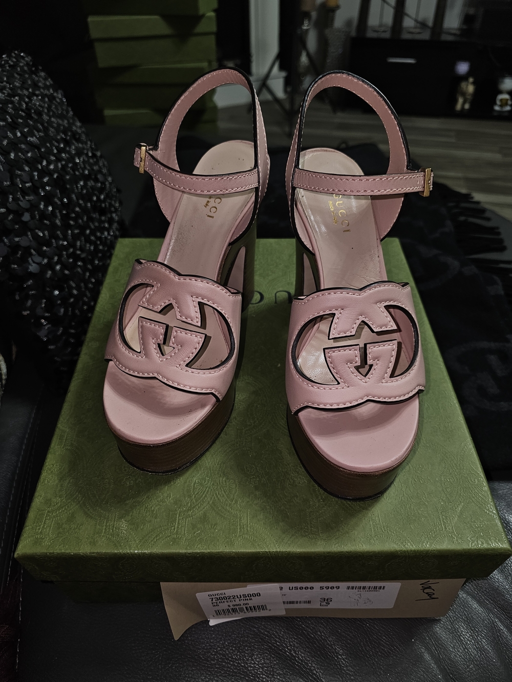 Gucci Cosmos Perfect Pink Leather Logo Platform Sandals 36